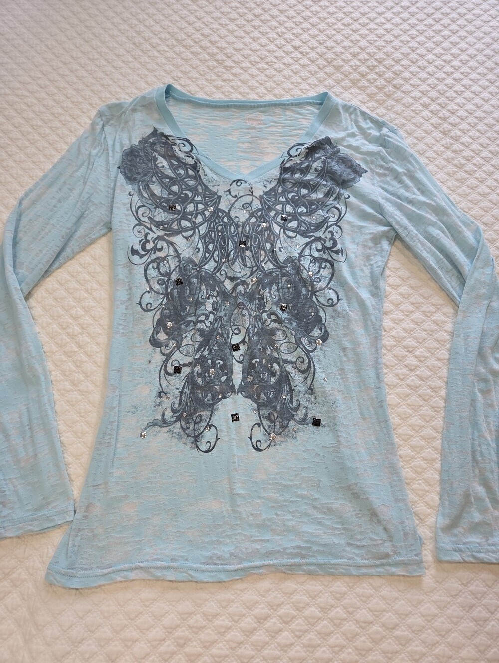 Rock 47 by Wrangler Light Blue Top XXL Burnout y2k Graphic Long Sleeve T Shirt